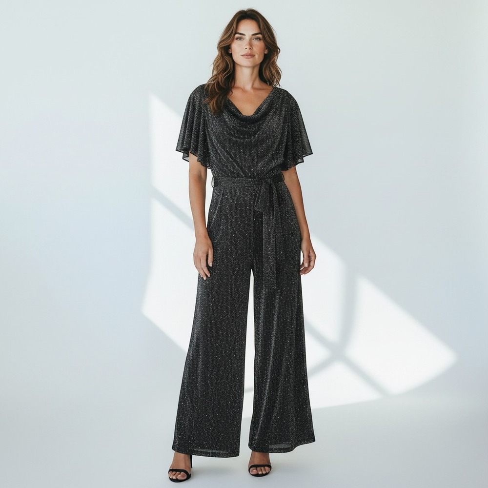 NWT Maison Tara Women Black Silver Metallic Cowl Neck Flutter Sleeve Jumpsuit 10